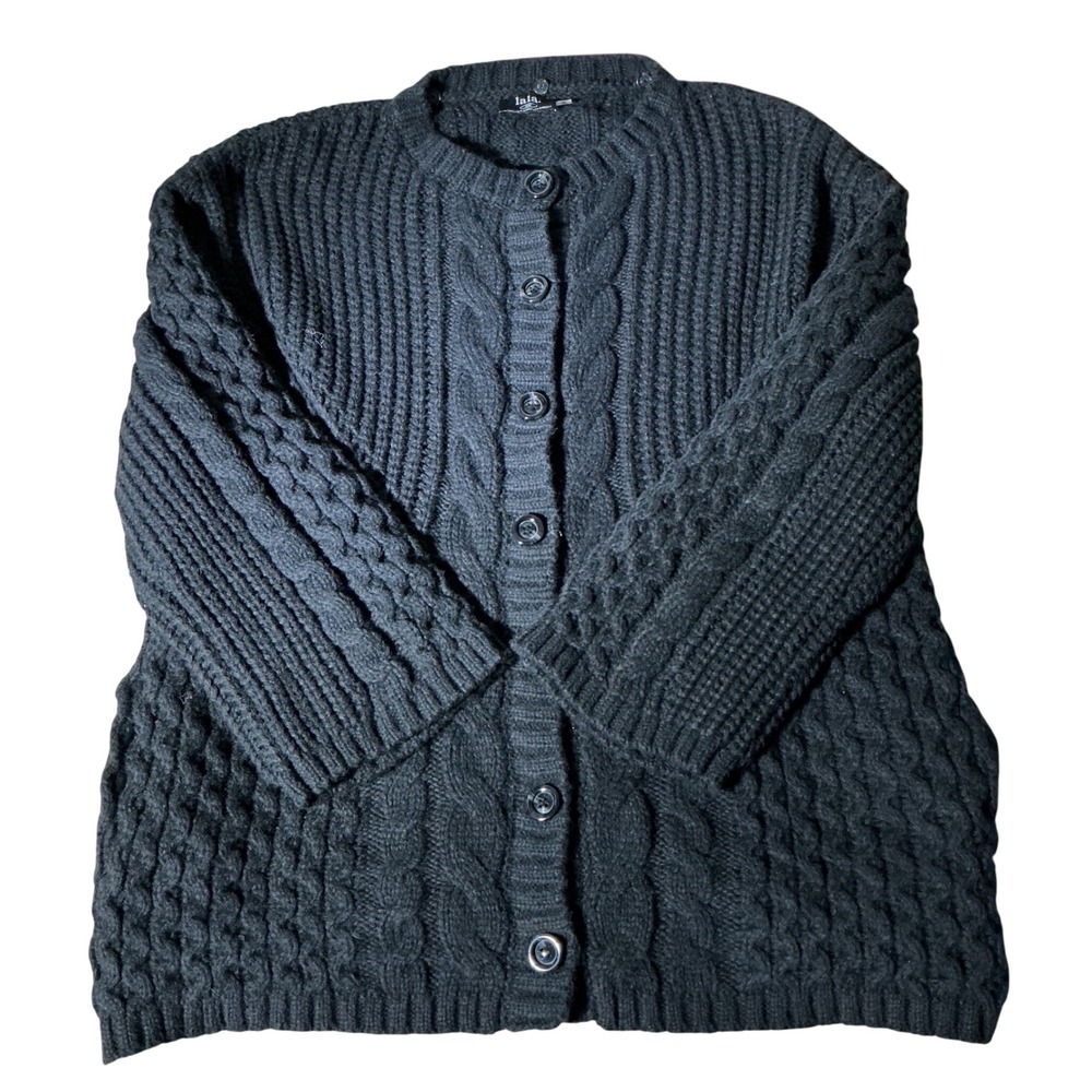 Lala Chunky Cable Knit Cardigan Women SM Black Button Front Long Sleeve Sweater
